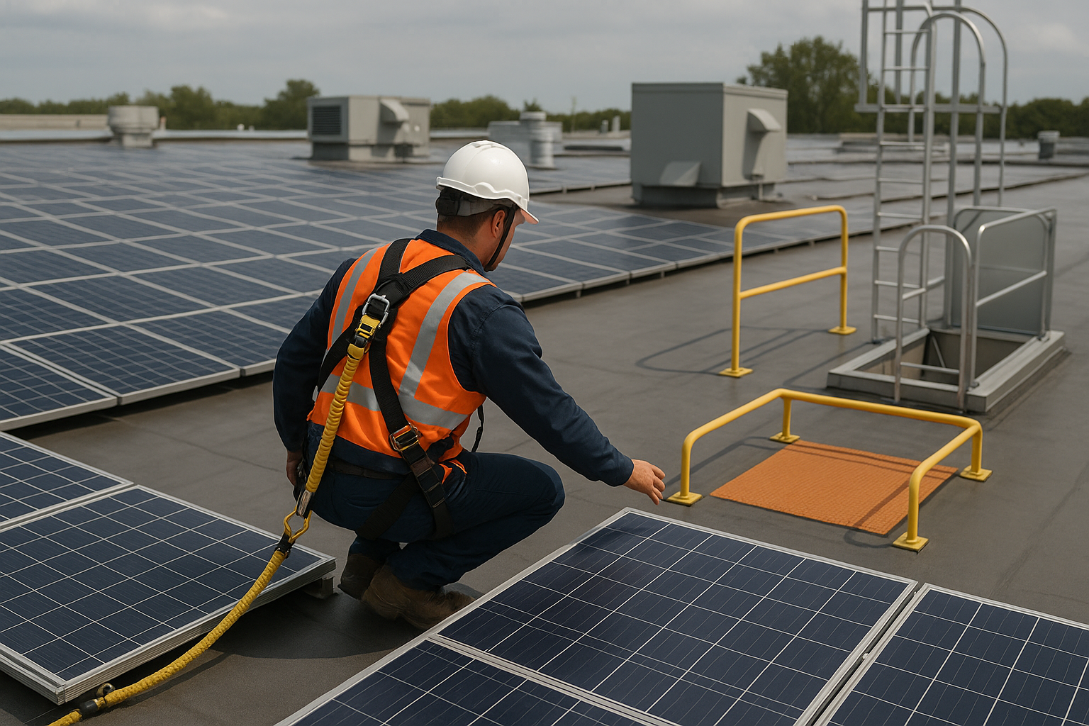 Rooftop Solar Maintenance: Managing Electrical and Fall Risks Together — industrial safety guidance from SafetyNet Inc.