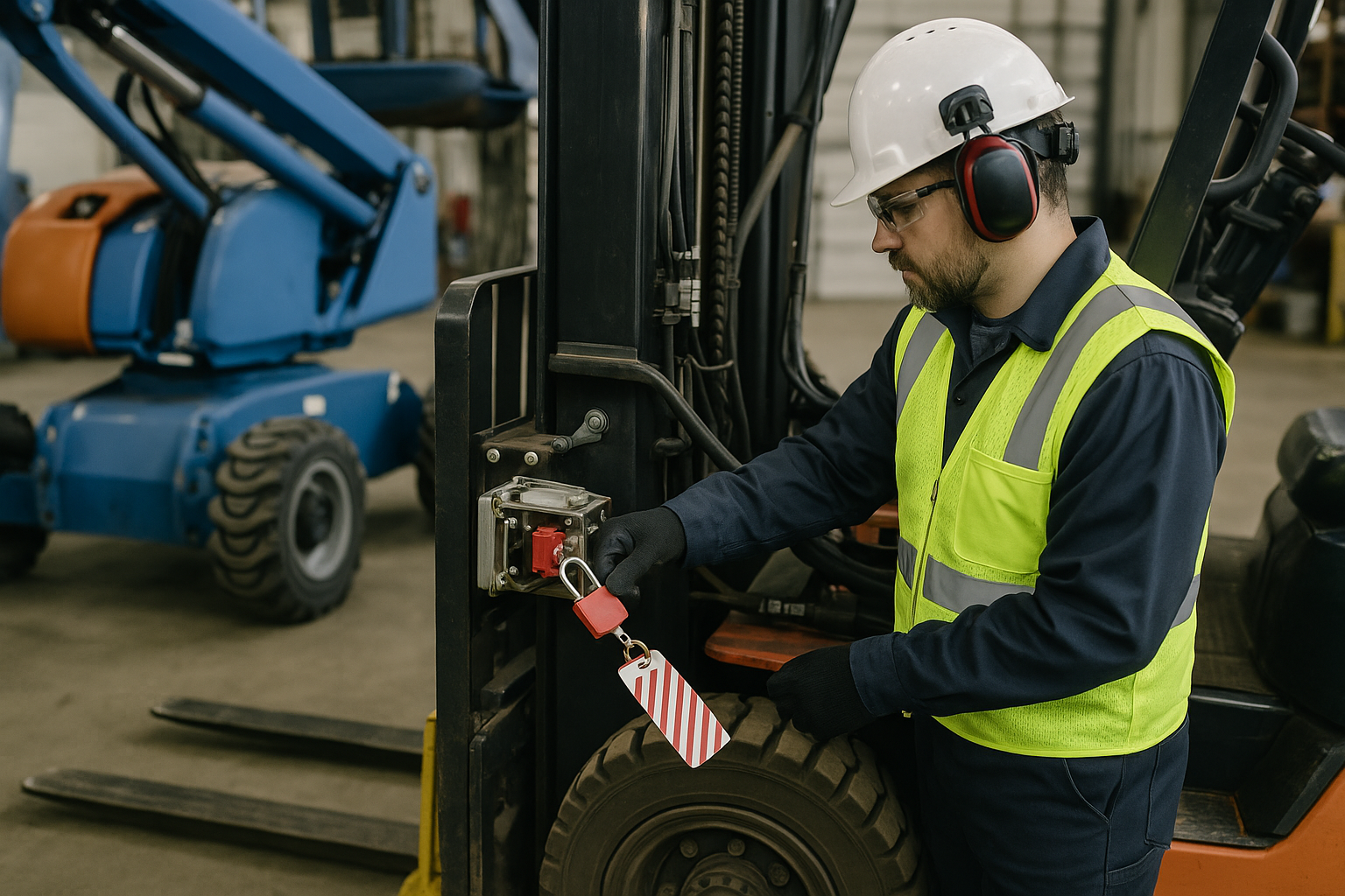 Forklift and Boom Lift LOTO in 2026: What OSHA Requires Before Service — industrial safety guidance from SafetyNet Inc.
